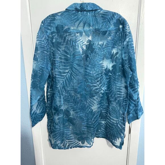 Units Tall Blouse XXL Tall Blue Sheer Tropical Floral Embroidered Beaded NWOT - Picture 6 of 7